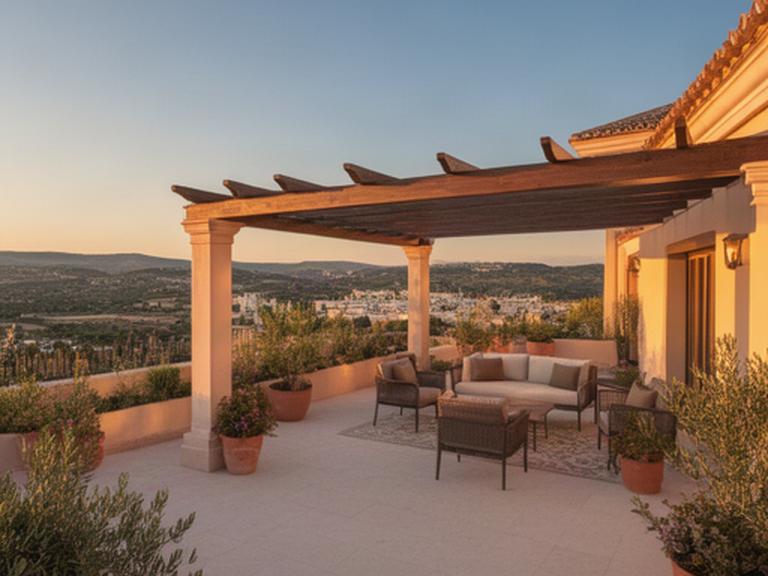 Terraza terminada en una vivienda de Priego de Córdoba al atardecer, con pérgola y pavimento exterior