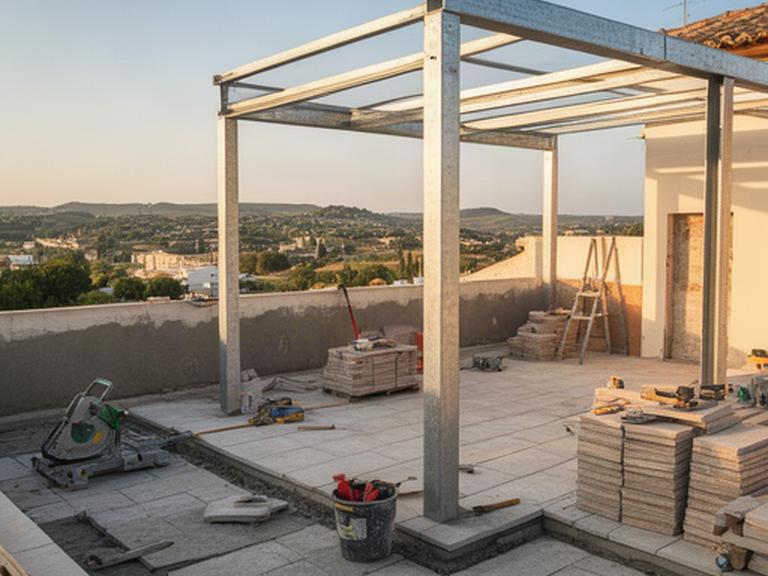 Obra de una terraza en proceso con herramientas y estructura exterior en Córdoba