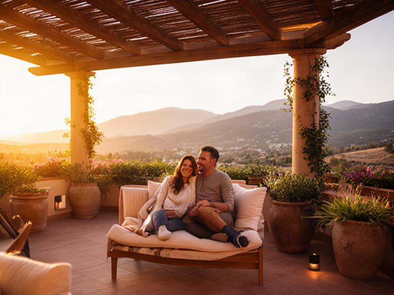 Pareja disfrutando de una terraza reformada con pérgola de madera, plantas y pavimento exterior al atardecer