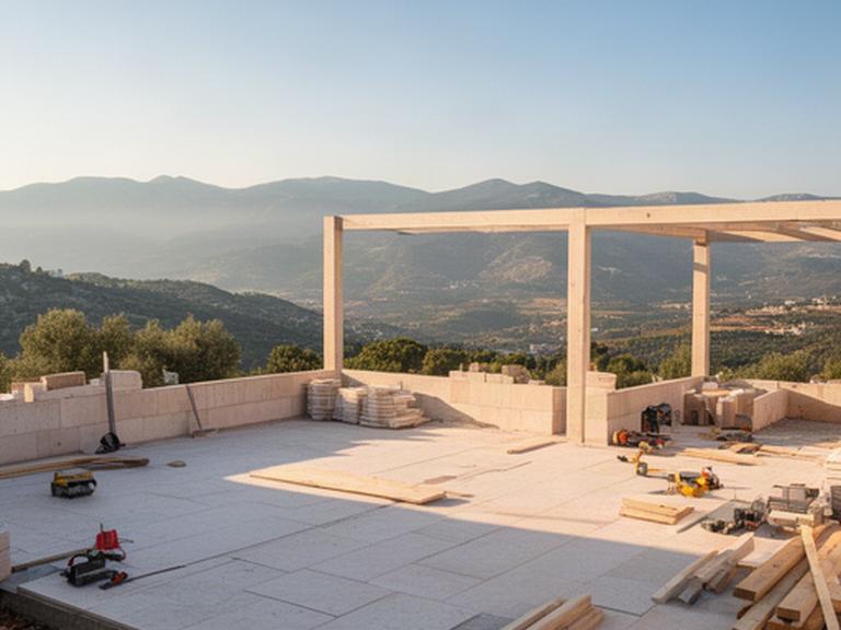 Terraza en construcción con vistas a las sierras de la Subbética y materiales preparados para la instalación
