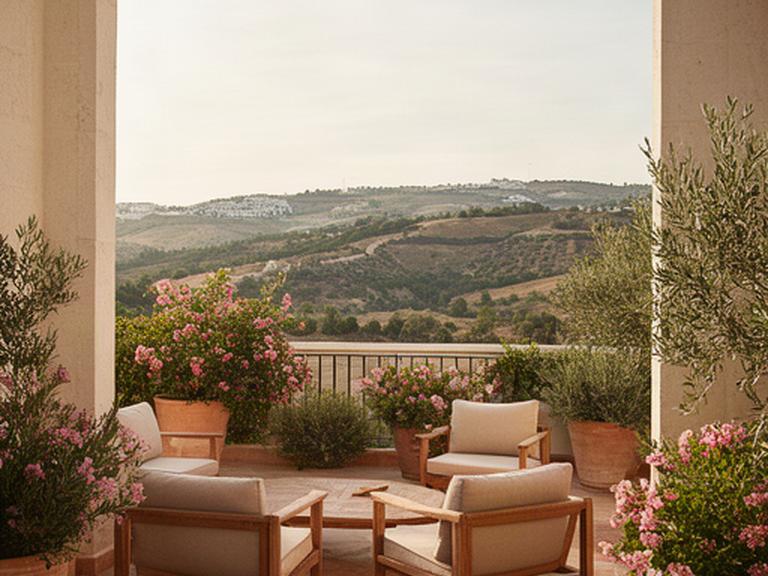 Terraza exterior acabada en Priego de Córdoba con zona de estar y vegetación mediterránea