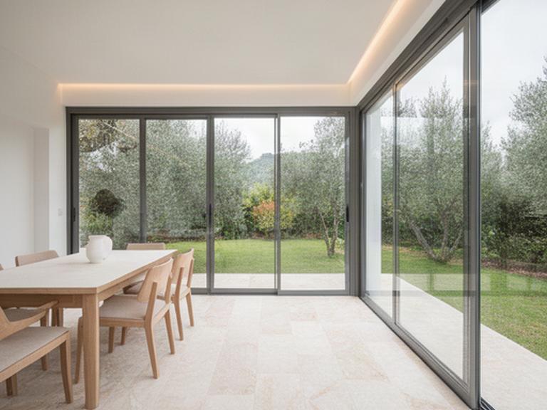 Terraza de chalet en Carcabuey cerrada con cortinas de cristal y suelo de gres porcelánico imitación piedra natural