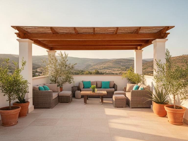 Terraza andaluza reformada con pavimento claro, pérgola de madera y zona de descanso al aire libre