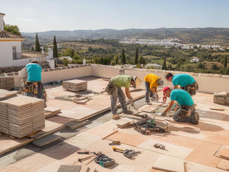 Equipo de construcción trabajando en una terraza soleada de Priego de Córdoba, con herramientas y pavimento exterior