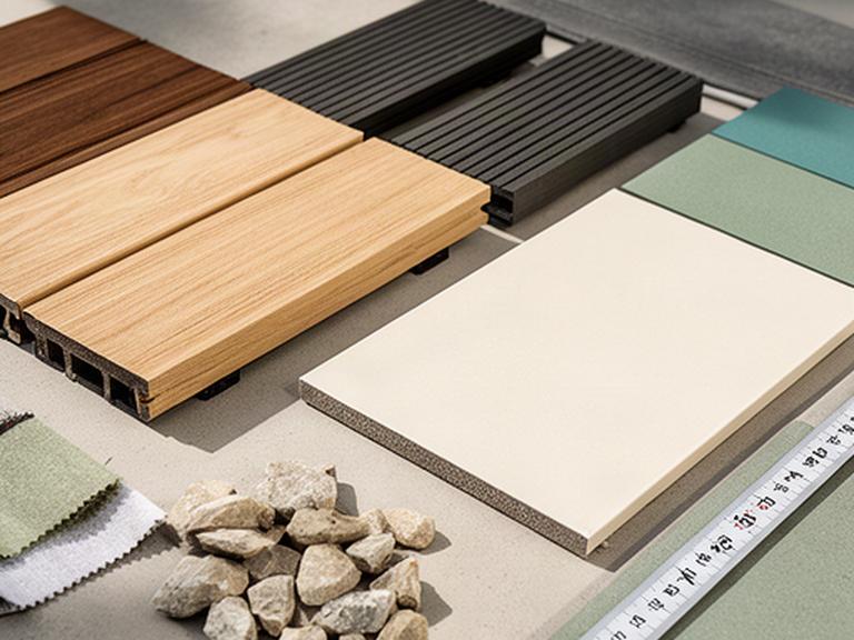 Muestras de madera, composite y gres porcelánico organizadas sobre una mesa de trabajo