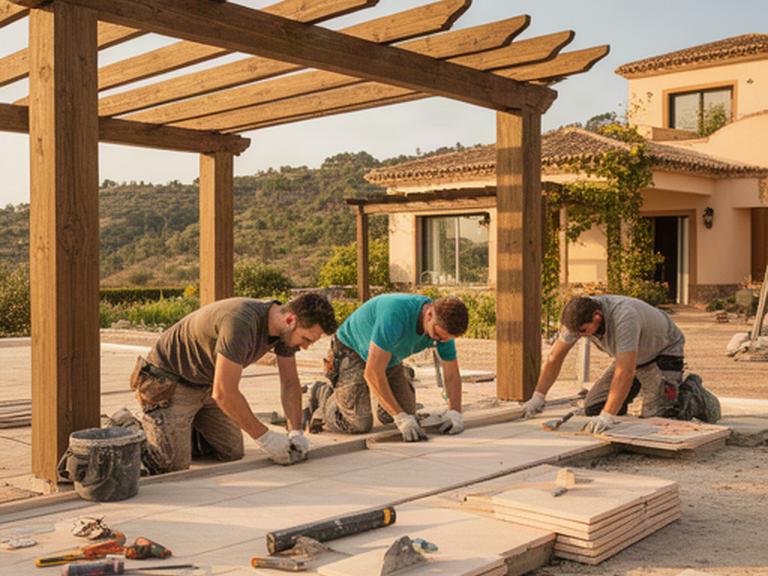 Equipo de obra colocando un pavimento exterior junto a una pérgola en una vivienda andaluza