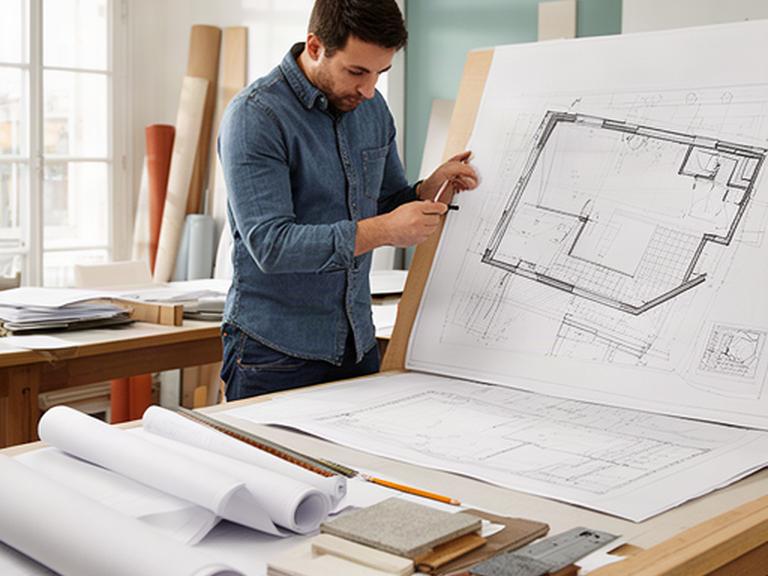 Profesional revisando planos de una terraza en un estudio luminoso de construcción