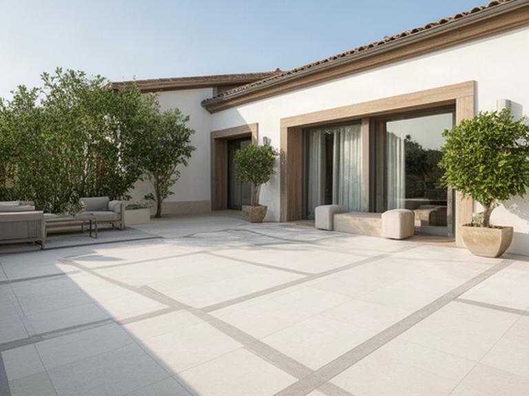 Pavimento porcelánico instalado en una terraza luminosa junto a una vivienda