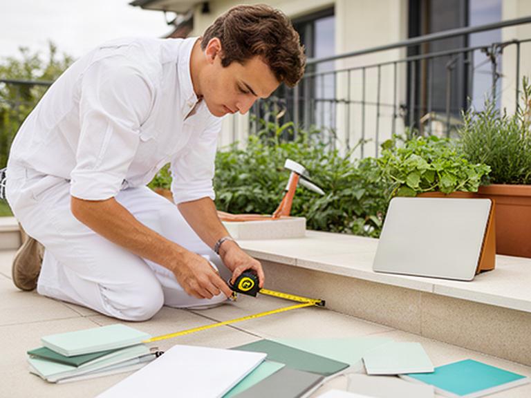 Profesional tomando medidas de una terraza residencial mientras revisa materiales exteriores