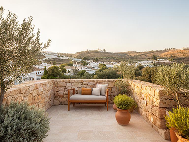 Terraza residencial terminada en Priego de Córdoba, con muros de piedra, plantas mediterráneas y zona de descanso