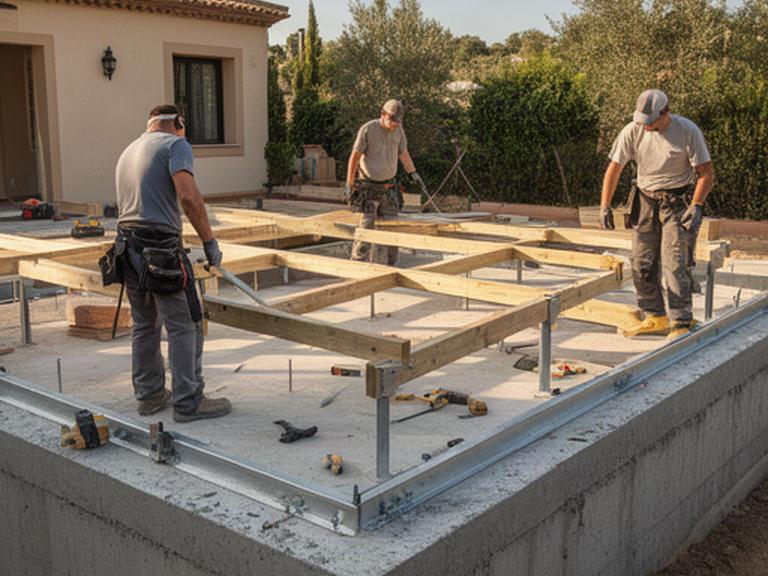 Equipo instalando la estructura de una terraza nueva sobre una solera de hormigón