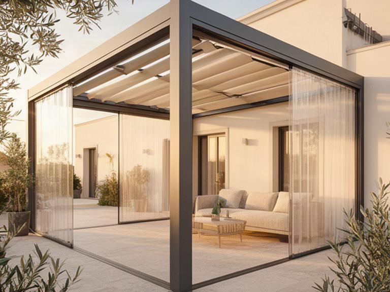Pérgola bioclimática instalada en una terraza andaluza con cortinas de cristal laterales