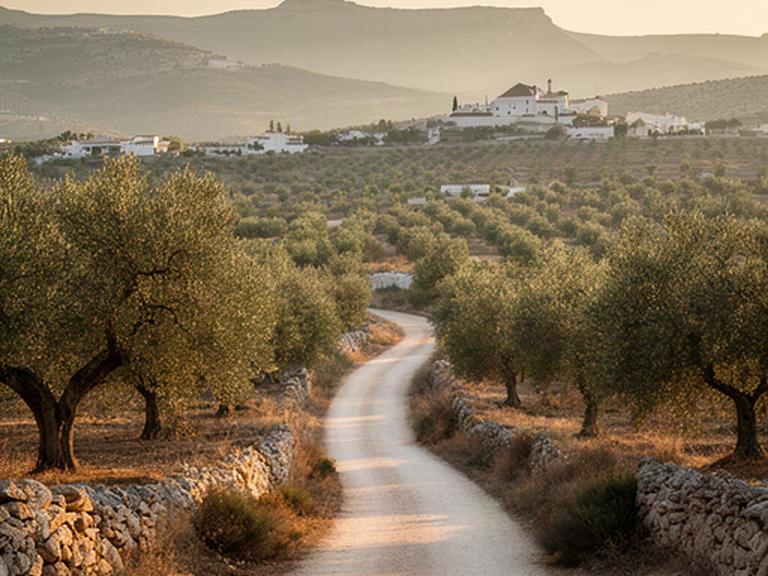 Camino de acceso y paisaje de olivos en la zona de actuación de La Luz Espacios S.L., cerca de Priego de Córdoba