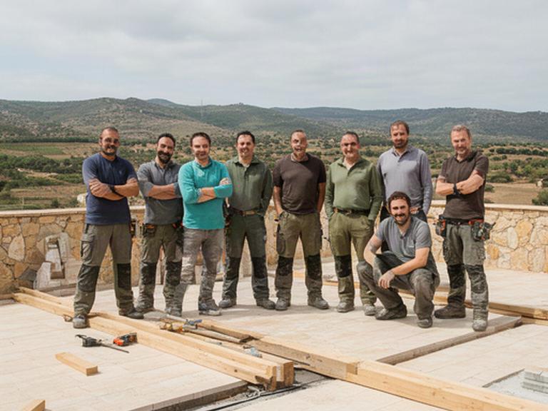 Equipo profesional de albañilería, carpintería exterior e instalaciones reunido en una terraza en obras de la Subbética