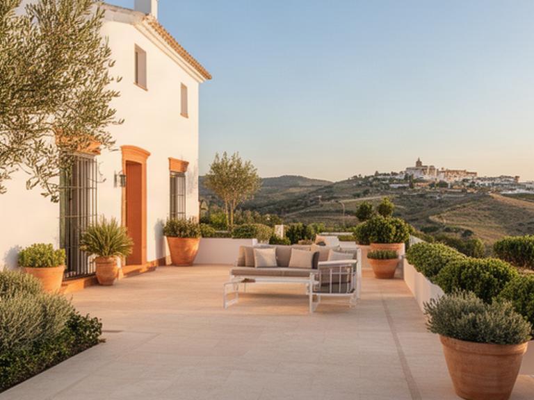 Terraza exterior terminada junto a una vivienda blanca en el entorno de Priego de Córdoba