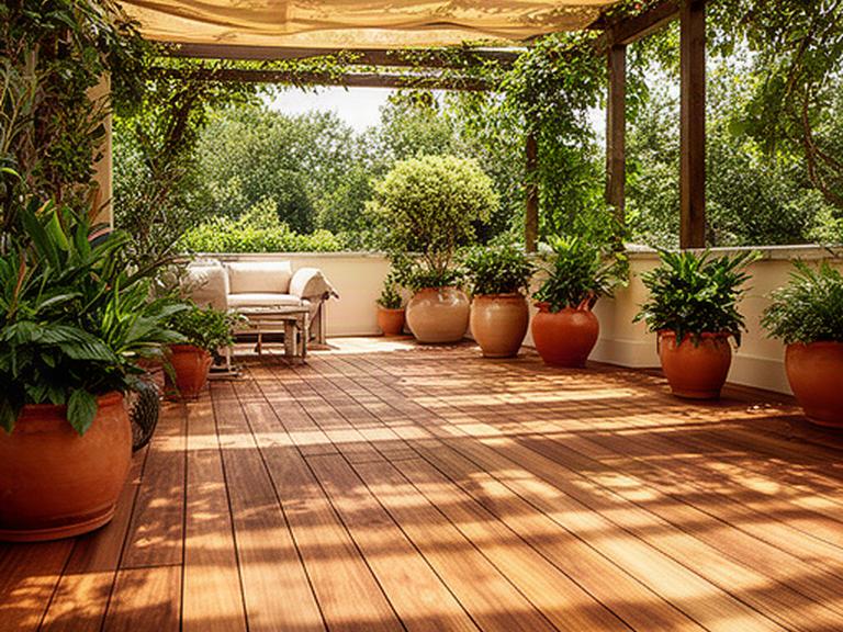 Tarima de madera natural instalada alrededor de una terraza con plantas y sombra de verano