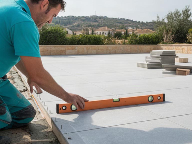 Profesional revisando el nivel de un pavimento porcelánico en una terraza amplia antes de colocar el acabado