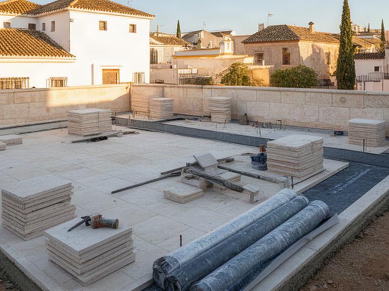 Obra de terraza en Priego de Córdoba con materiales preparados para una instalación exterior