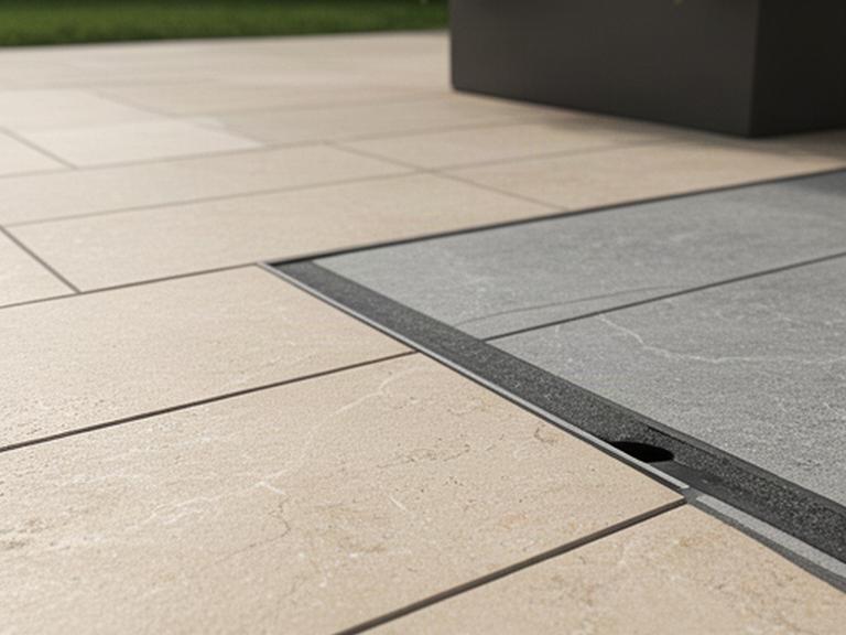 Muestra de pavimento porcelánico y piedra natural instalada en una terraza exterior