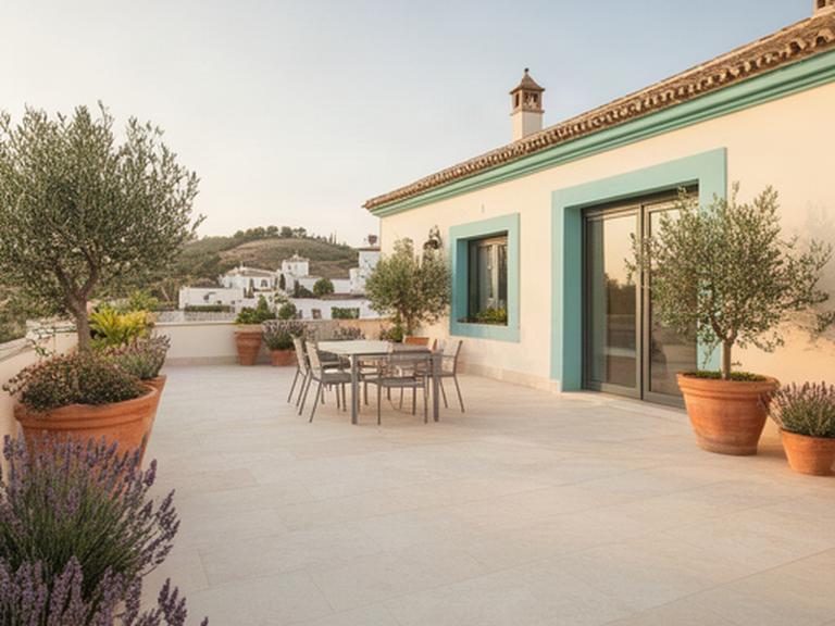 Terraza exterior de una vivienda en Priego de Córdoba con pavimento claro y plantas mediterráneas