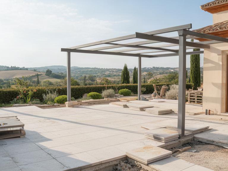 Obra de terraza exterior en la comarca de Córdoba con pavimento preparado y estructura de pérgola