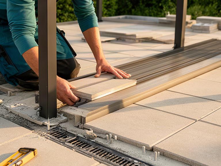 Profesional colocando piezas de pavimento exterior junto a una pérgola de aluminio en una obra de terraza