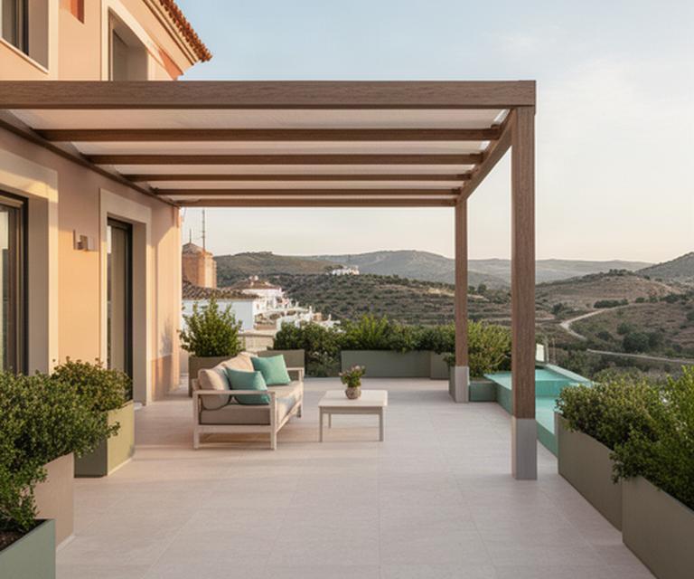 Terraza contemporánea terminada junto a una vivienda en Priego de Córdoba, con pavimento claro y pérgola de sombra
