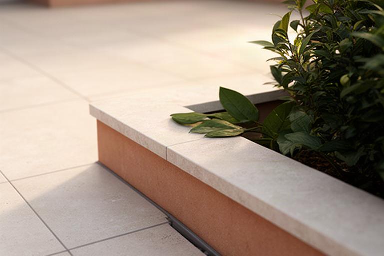 Detalle de un acabado de pavimento exterior junto a una jardinera en una terraza terminada