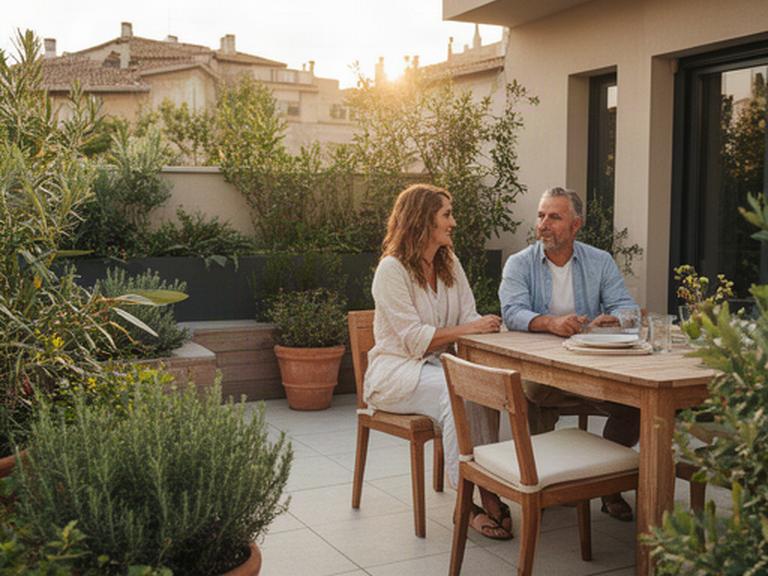 Pareja disfrutando de una terraza reformada con plantas, pavimento exterior y zona de comedor