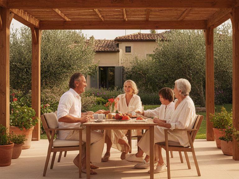 Familia conversando en una terraza reformada con pavimento exterior y pérgola de madera