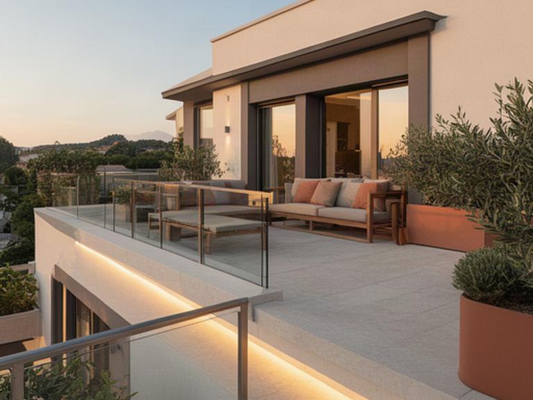 Reforma de una terraza residencial con nueva barandilla, iluminación cálida y zona de estar