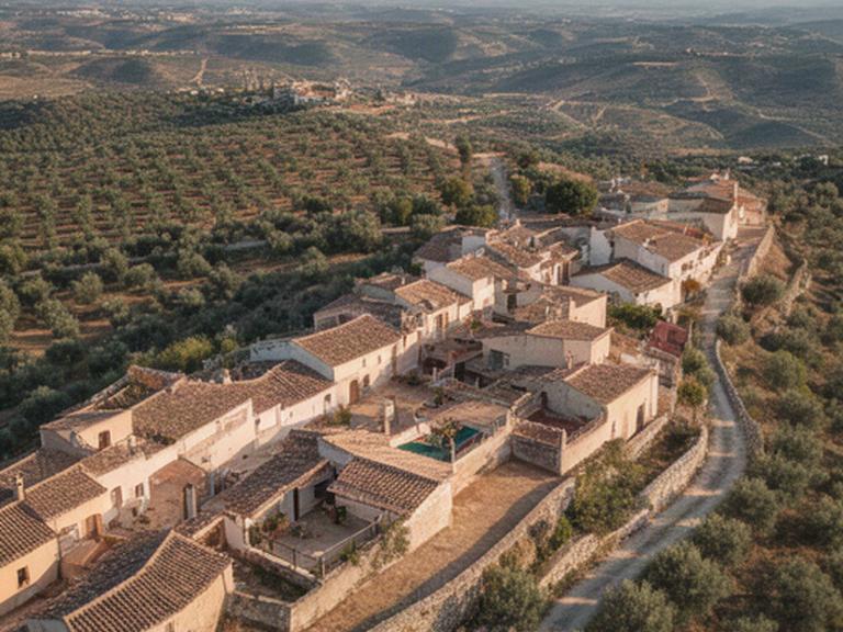 Vista aérea de tejados, patios y caminos rurales en la comarca de Priego de Córdoba