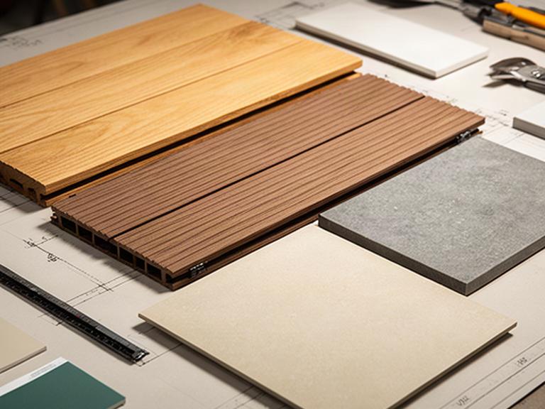 Muestras de madera, composite y gres colocadas sobre una mesa de trabajo