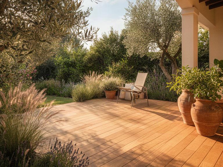Tarima de madera natural alrededor de una terraza soleada con plantas mediterráneas