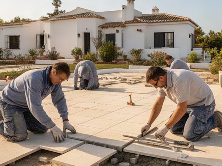 Equipo de obra colocando pavimento exterior en una terraza de una casa andaluza