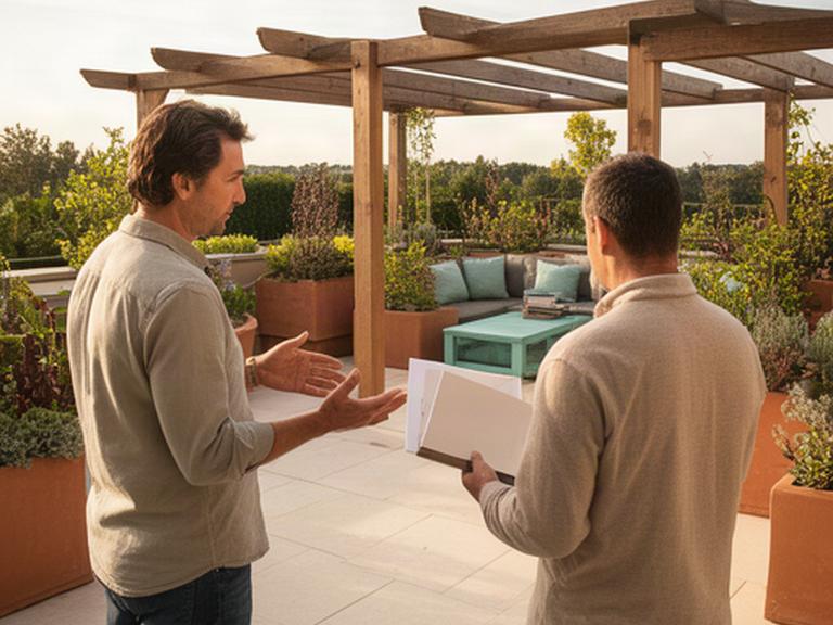 Cliente revisando con una profesional los acabados de una terraza reformada