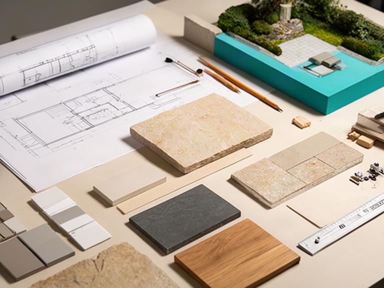 Plano y muestras de materiales para el diseño de una terraza exterior en Andalucía