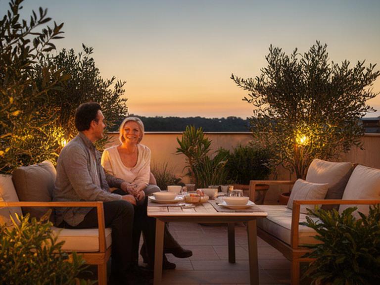 Pareja disfrutando de una terraza recién reformada con plantas, mesa exterior y luz cálida al atardecer